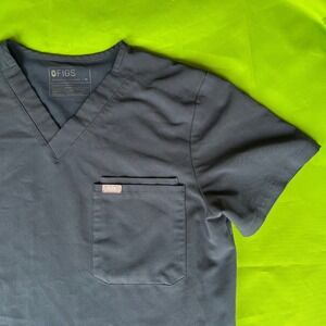 Medium FIGS Scrub Top Charcoal V-Neck Work Short Sleeve‎ Pocket